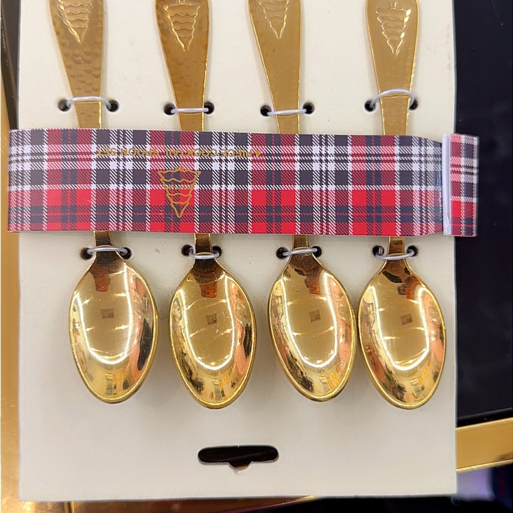 Gold Tone Teaspoons Set with Red Plaid Band